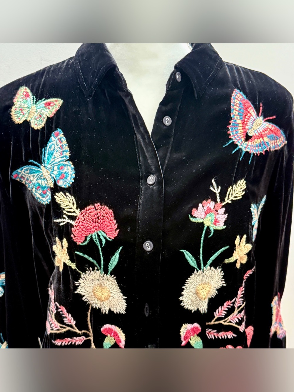 Johnny Was Black Velvet Top with Butterfly & Flower Embroidery - Picture 2 of 8